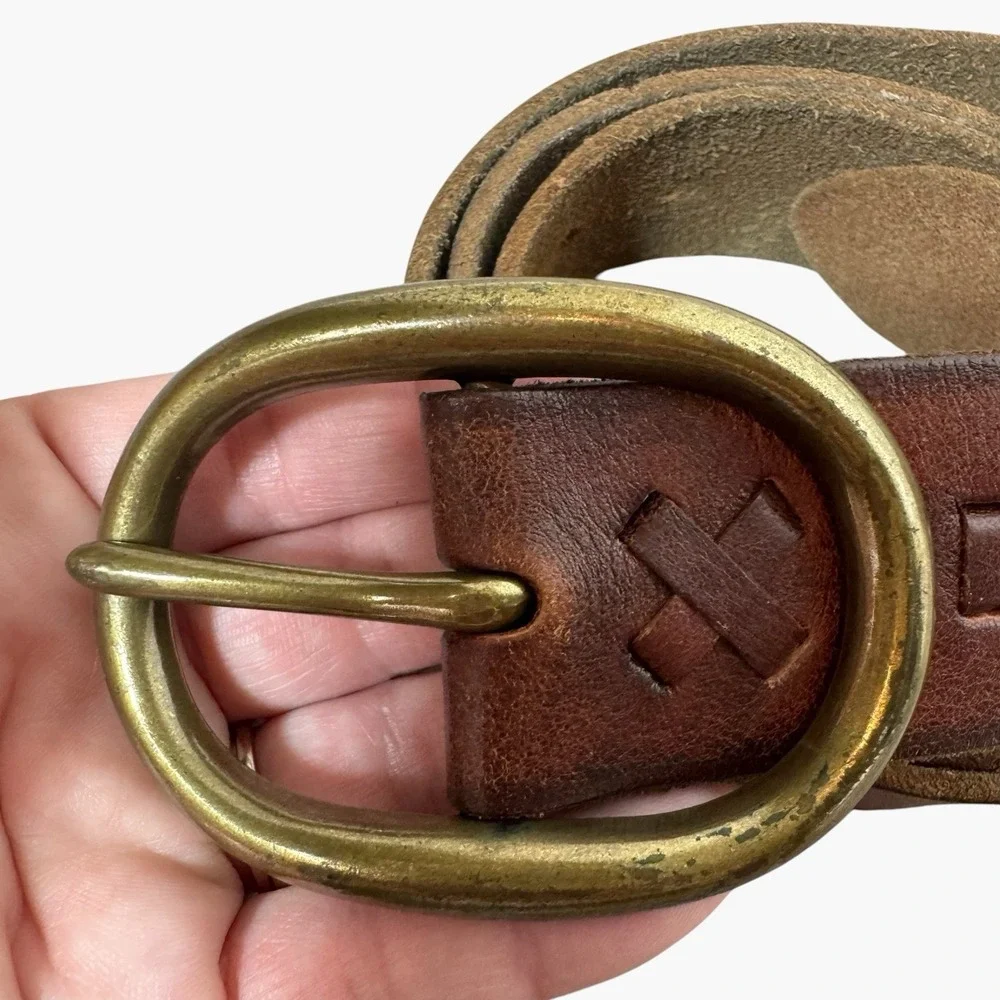 VTG Mossimo Supply Co Leather Belt Oval Brass Buckle Brown Cottagecore Western